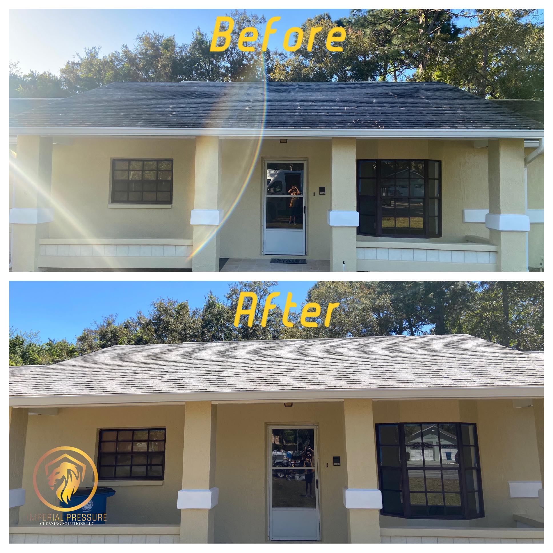 Aerial drone image of an asphalt roof cleaning that had algae growth on it. The roof looks brand new. Asphalt shingle roof that was cleaned by Imperial Pressure Washing & Paver Sealing LLC in Spring Hill, FL