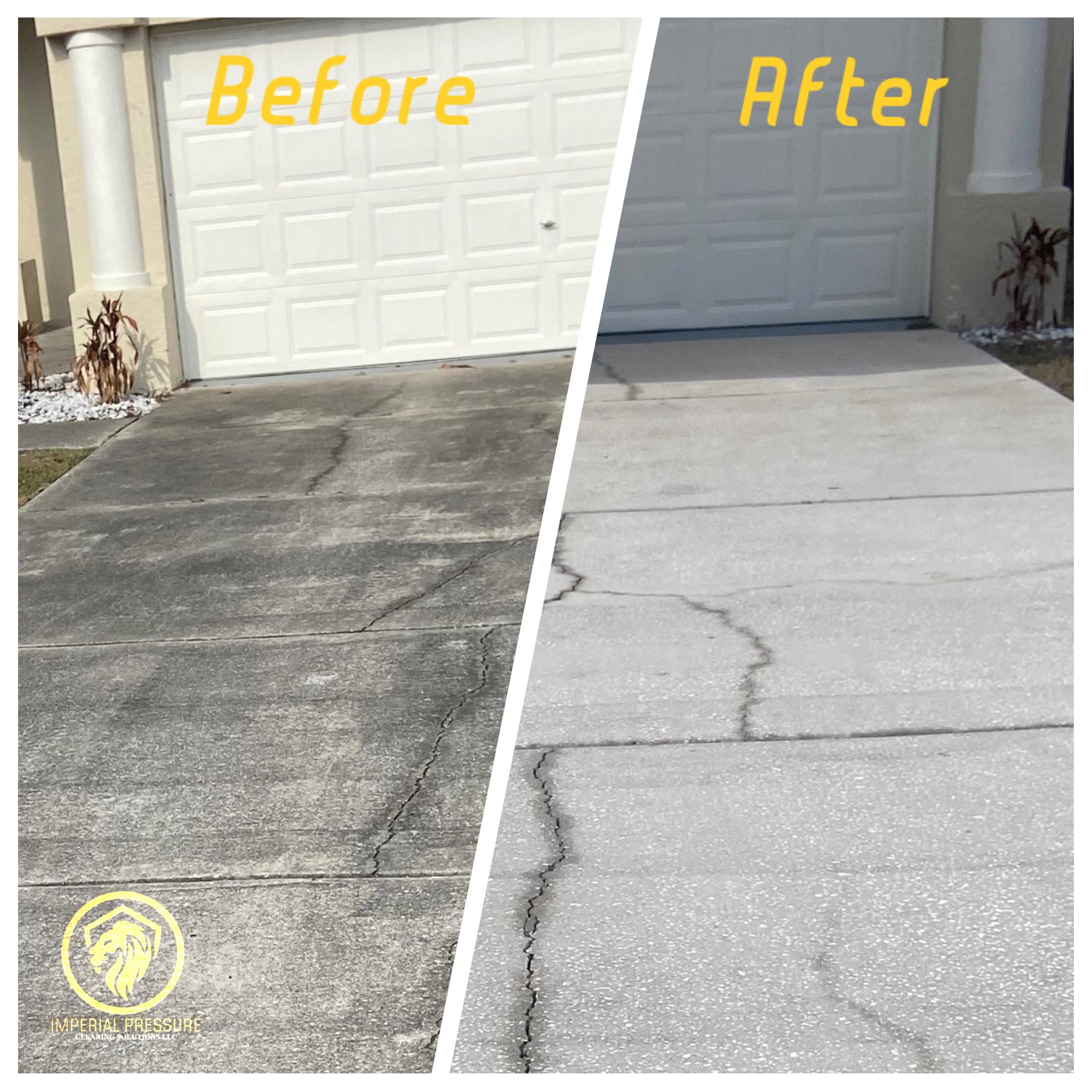 Before and after photo of dirty concrete that was pressure washed by Imperial Pressure Washing & Paver Sealing LLC in Spring Hill, FL