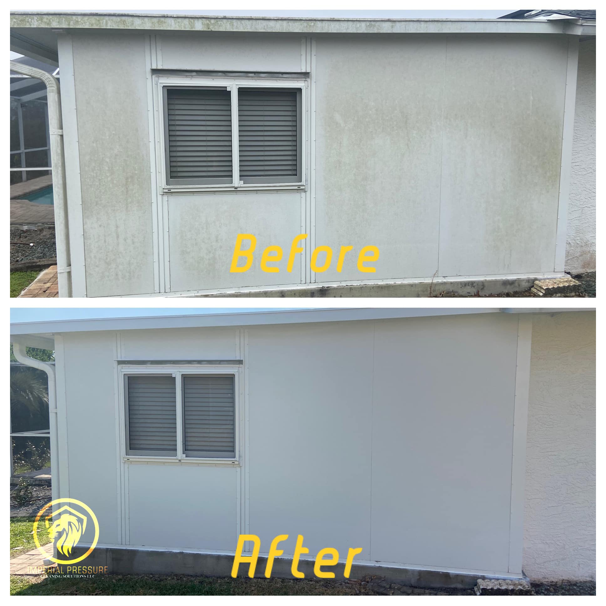 A before and after photo of vinyl siding of a house that was covered with algae and soft washed thereafter.