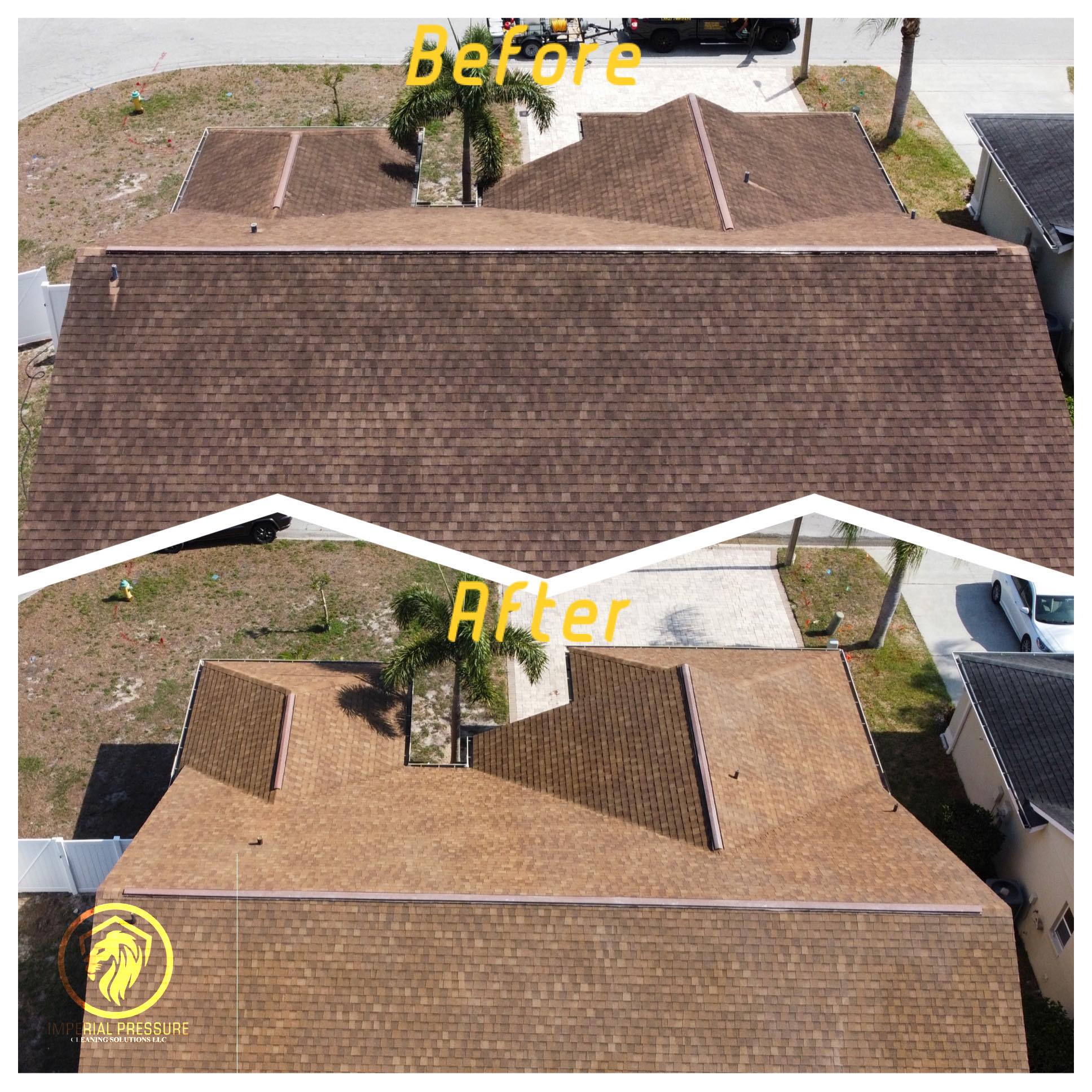 Aerial drone image of an asphalt roof cleaning that had algae growth on it. The roof looks brand new. Asphalt shingle roof that was cleaned by Imperial Pressure Washing & Paver Sealing LLC in Spring Hill, FL