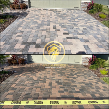 Before and after of a paver sealing project