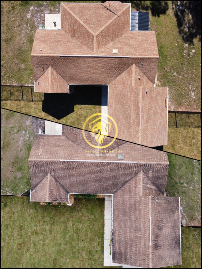 Aerial drone image of an asphalt roof cleaning that had algae growth on it. The roof looks brand new. Asphalt shingle roof that was cleaned by Imperial Pressure Washing & Paver Sealing LLC in Spring Hill, FL