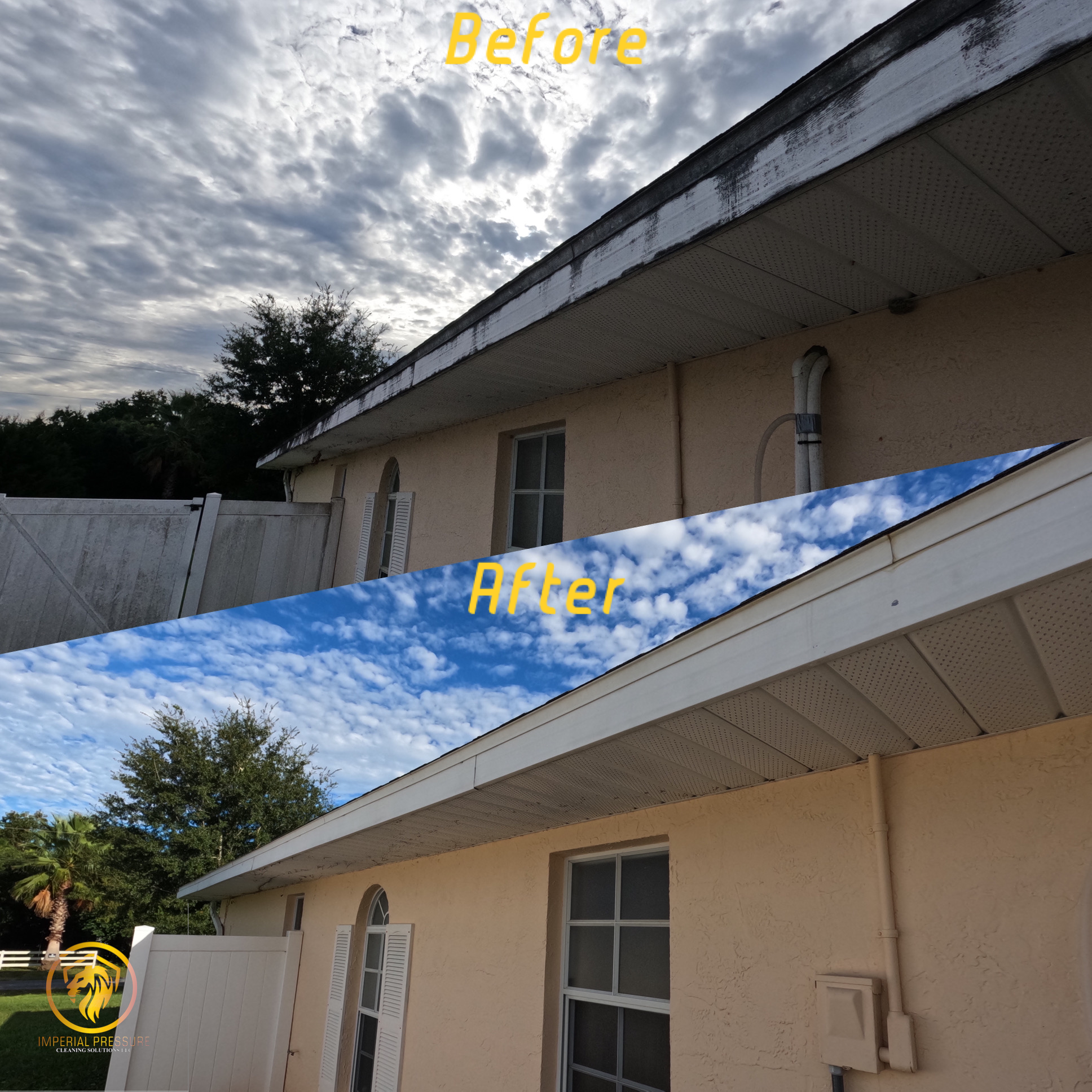 Before and after photo of a dirty drip edge of a house that was filled with algae. Drip edge was soft washed by Imperial Pressure Washing & Paver Sealing LLC in Spring Hill, FL