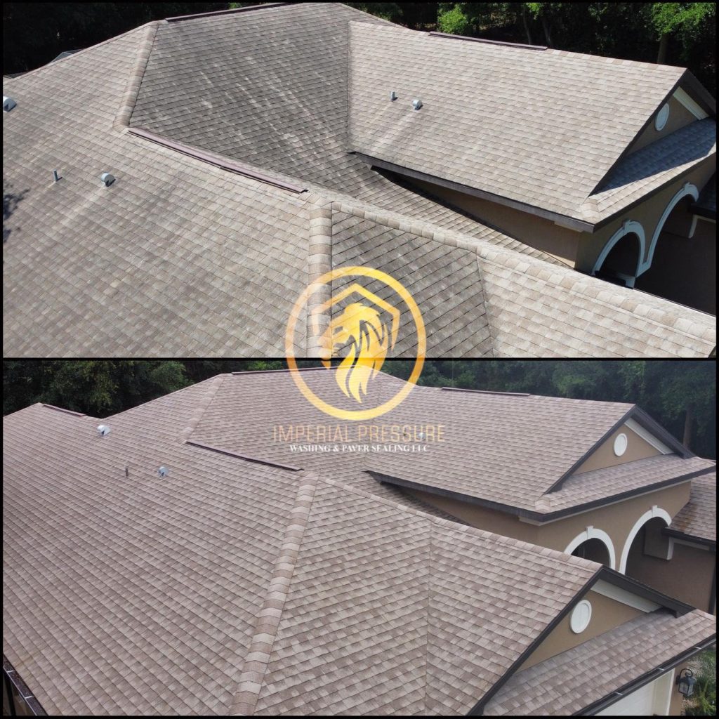 Aerial drone image of an asphalt roof cleaning that had algae growth on it. The roof looks brand new now