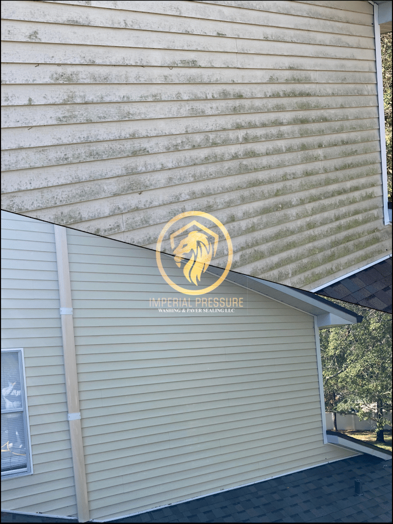 A before and after photo of vinyl siding of a house that was covered with algae and soft washed thereafter.