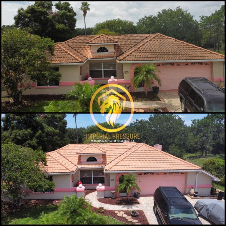 Barrel Tile roof that was soft washed by a pressure washing company. Great before and after