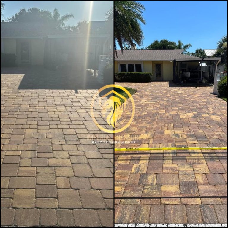 Before and after photo of a driveway with pavers that have been sealed