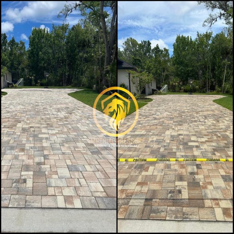 Before and after photo of a driveway with sealed pavers