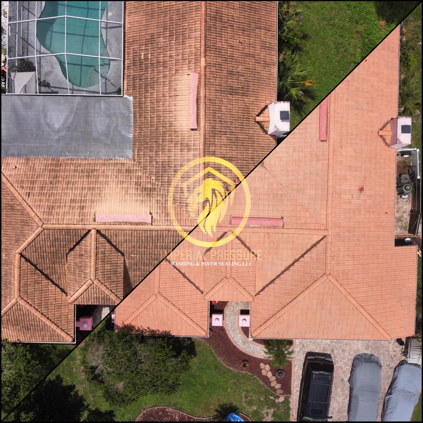 Barrel Roof tile low pressure roof cleaning. before and after