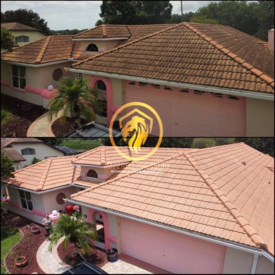 before and after picture showing a barrel tile roof before and after it was soft washed by an exterior cleaning company