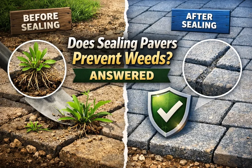 Graphic Displaying Pavers unsealed with weeds and sealed without weeds