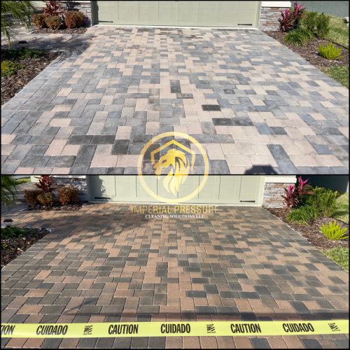 Brick pavers before being sealed and after being sealed. Beautiful color enhancement