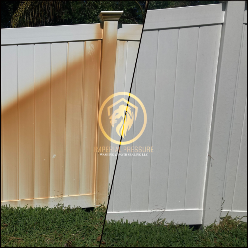 Rust removal on white vinyl fence. Before and after photo. 