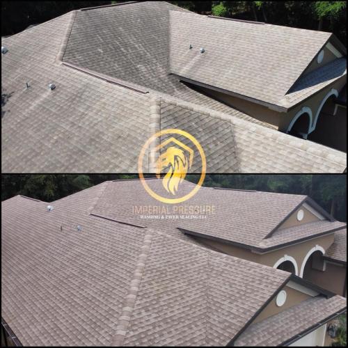 Aerial drone image of a roof cleaning with algae growth and without algae growth.