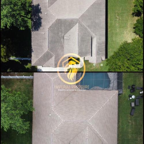 Aerial drone image of a roof cleaning with algae growth and without algae growth.